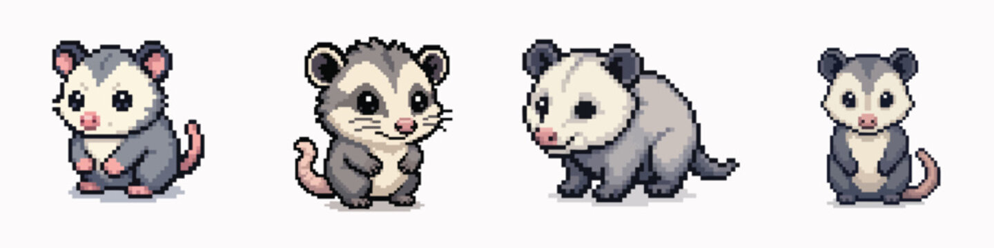 Set of cute pixel art opossums