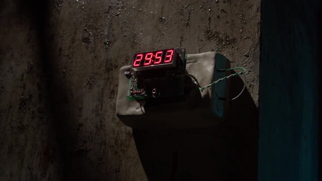 A hand in black glove plants a plastic explosive bomb with a digital diplay about to explode.
