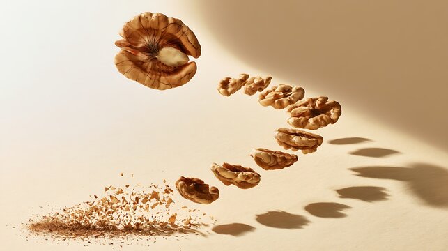 Levitating Walnut Halves and Crushed Nut Pieces in Dynamic Motion on Beige Background