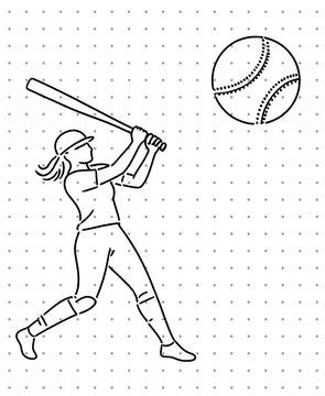 Black outline softball female athlete hitting ball featuring helmet, bat, and stitched baseball