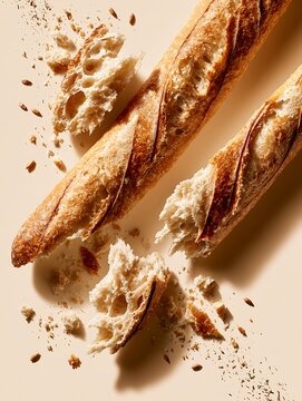 Freshly Baked French Baguette Bread with Crispy Crust and Crumbs on Beige Background