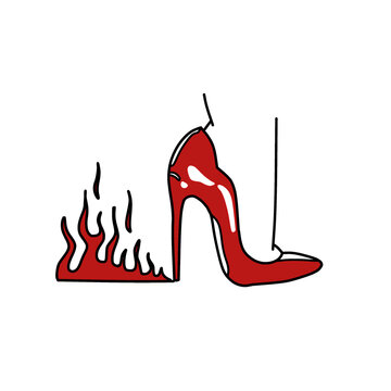 Red high heels shoe on fire flame pop art