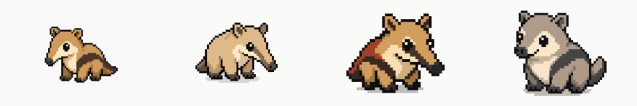 Set of four cute pixel art anteaters in different colors and poses