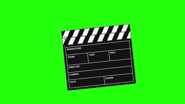 Movie Clapperboard Snapping Open and Shut on Green Screen. Black Film Slate With Striped Clapper Rises Into Frame, Tilts, Grows and Claps Repeatedly. Cinema Production Chroma Key