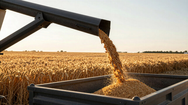 Wheat grain pours from harvester auger into trailer beside golden field under clear sky