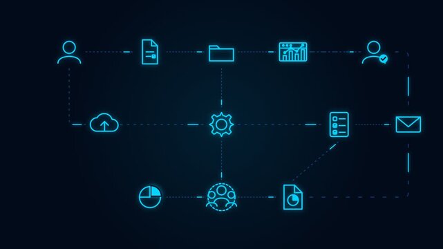 4k minimalist blue business workflow blueprint data flow animation glowing nodes seamless motion video