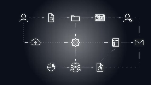 4k high contrast black minimalist business workflow blueprint data flow network animation motion video