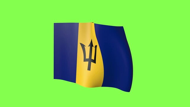 Barbados Flag Waving on Green Screen. Barbadian National Flag With Blue and Gold Bands and Black Trident Fluttering in the Wind. Chroma Key Animation
