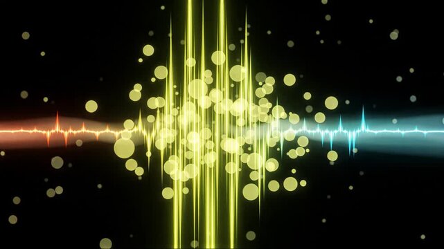 Sound wave equalizer visualization with floating particles and colorful neon lights