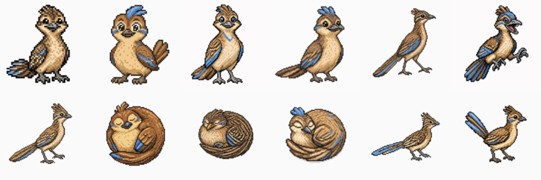 Set of cute pixel art blue jay bird sprites in various poses