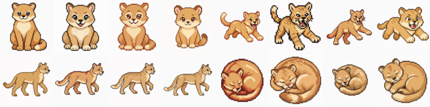 Set of cute pixel art cougar or mountain lion cub sprites in various poses and actions