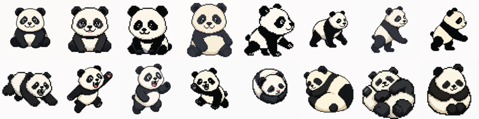 Set of cute pixel art panda bears in various poses and actions © Vectoryu