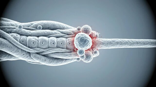 Autoimmune activity affecting the myelin sheath surrounding a nerve fiber in the central nervous system, showing immune cells interacting with the protective myelin layer 