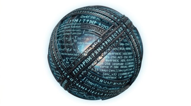A detailed sphere covered in encryption codes featuring cinematic futuristic design elements for advanced security concepts.