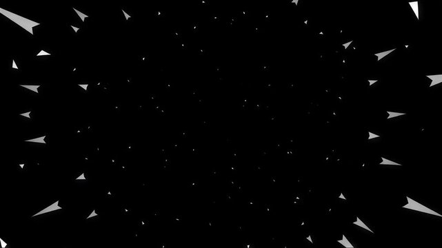 White geometric explosion shattering into particles on a black background