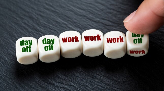 Close up of human hand touching white dice with text. Person chooses four day work week schedule instead of five days. Concept of work life balance, job flexibility, career planning, choosing extra