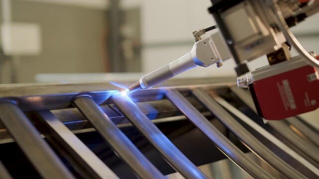 Automated CNC welding machine process, where a robotic nozzle joins metal tubes with a bright blue glow from the welding arc. Industrial metalworking, automation, and high-precision fabrication of ste