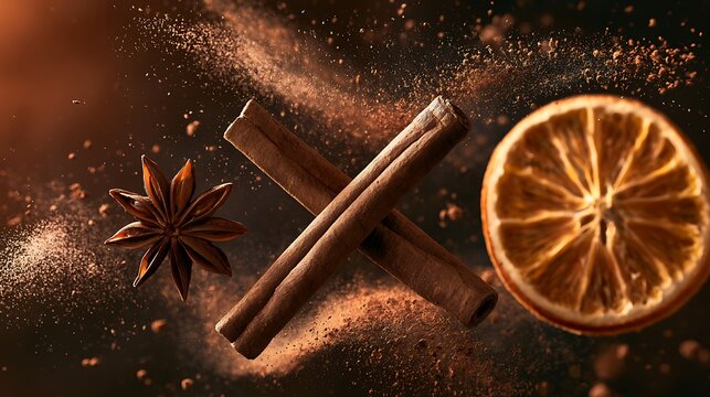 Floating Cinnamon Sticks Star Anise and Dried Orange Slice with Spiced Powder Explosion
