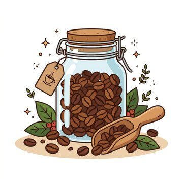 Glass jar filled with roasted coffee beans and wooden scoop