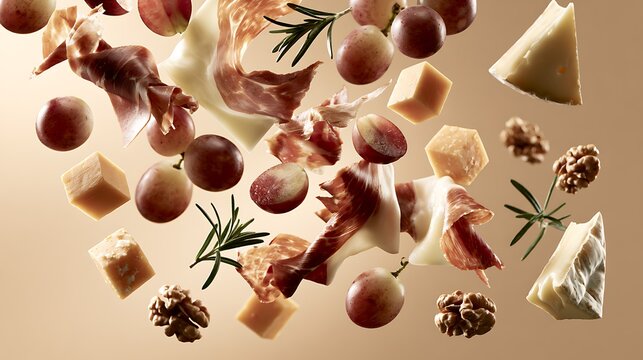 Flying Gourmet Appetizers with Prosciutto, Cheese, Red Grapes, and Walnuts on Beige Background