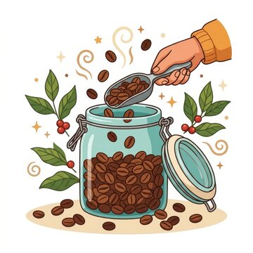 Scooping roasted coffee beans into glass jar vector illustration