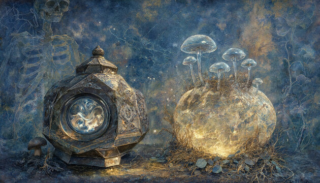 Carved magical chest with glowing glass mushrooms and ghostly skeleton silhouette