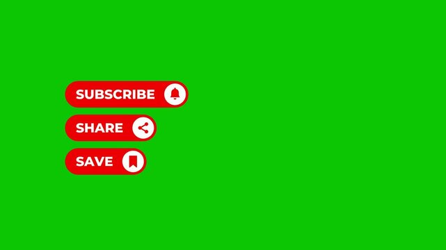 Social Media Subscribe, Share, Save, Like, Comment and Follow Buttons on Green Screen. Mouse Cursor Clicks Gray Toggle Buttons That Turn Red. Channel Call to Action Chroma Key Overlay