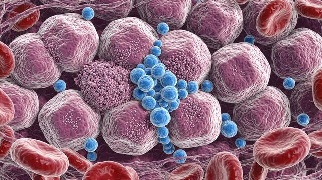 Autoimmune activity affecting insulin-producing beta cells within a pancreatic islet, showing immune cells gathering around and interacting with pancreatic beta cells