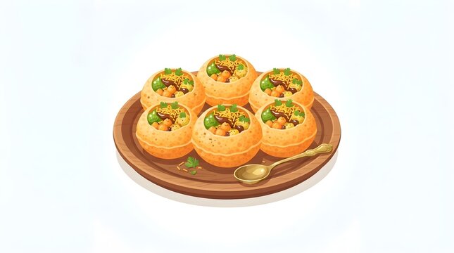Delicious Panipuri Golgappa Served on Wooden Plate Vector Illustration Traditional Indian Street Food