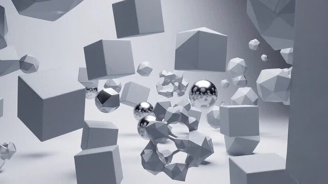 Polished chrome spheres and geometric cubes floating in abstract space scene