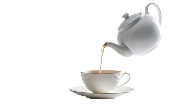 tea being poured from a teapot into a cup, isolated on transparent background