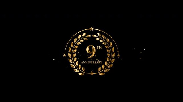Golden 9th anniversary emblem with a gold laurel wreath, sparkling particles, and decorative stars on a transparent background
