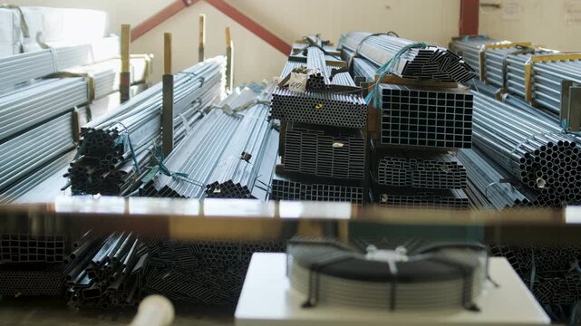 Bundles of various steel and aluminum metal pipes and profiles stacked on racks in an industrial warehouse setting with a blurred foreground.
