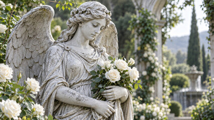 Obraz premium Marble angel statue holding white roses in a lush garden