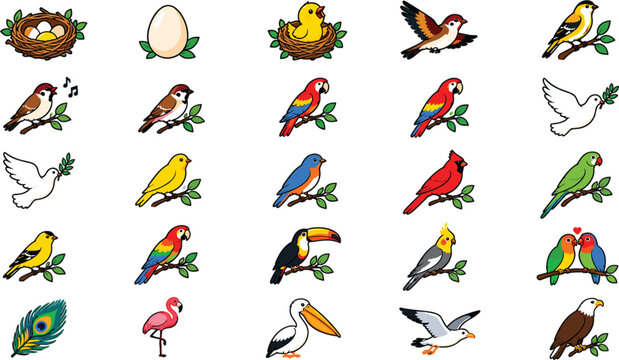 Set of colorful cartoon birds and bird elements