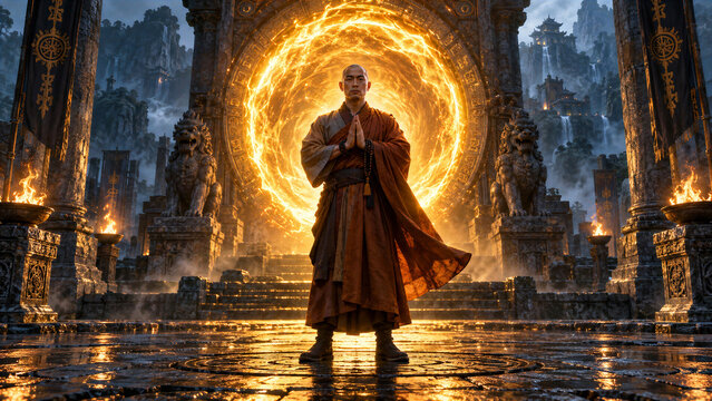Monk standing in prayer before a glowing fiery portal in temple