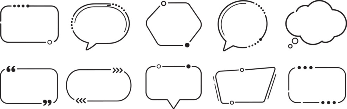 Black outline speech bubbles and message frames collection with rounded, geometric, dotted and decorative borders, communication symbols and graphic elements. Concept of communication and messaging