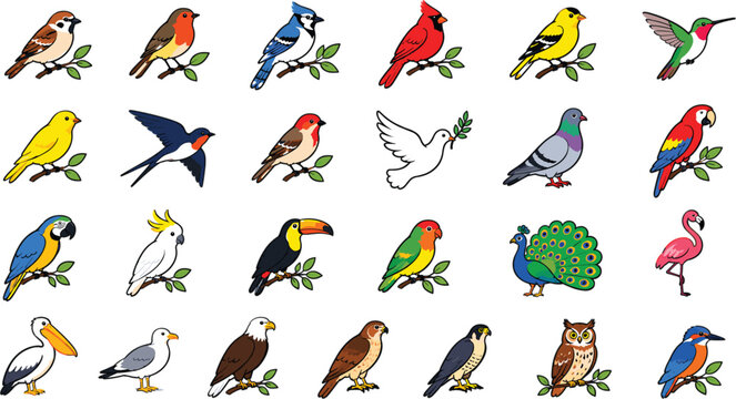 Collection of various colorful bird species
