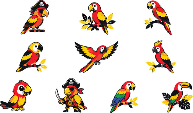 Set of colorful cartoon parrots