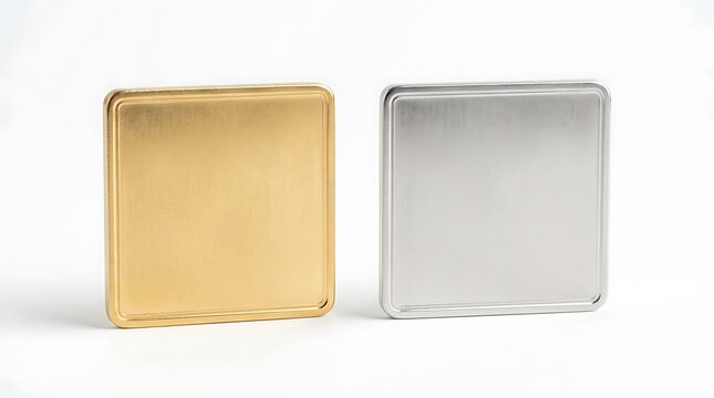 Gold and silver square metal tins on a white background.