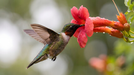 Fototapeta premium Hummingbird hovering and feeding on vibrant red trumpet creeper flowers in the garden