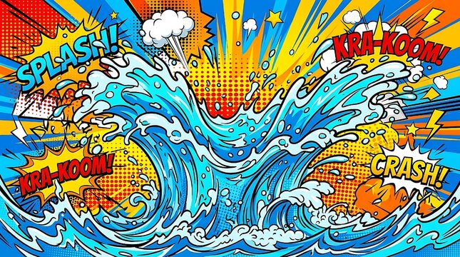 Dynamic water splash with cartoon waves and drops, comic book vector background with abstract