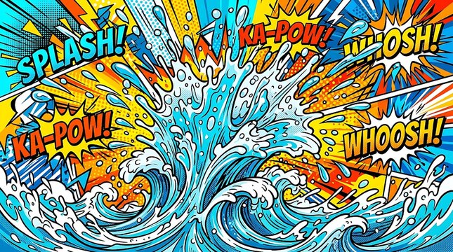 Dynamic water splash with cartoon waves and drops, comic book vector background with abstract