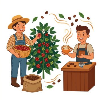 Coffee production process from farm to cup illustration
