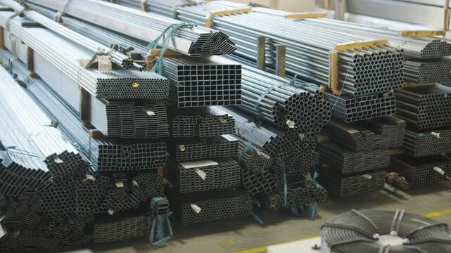 Bundles of various steel and aluminum metal pipes and profiles stacked on racks in an industrial warehouse setting with a blurred foreground.