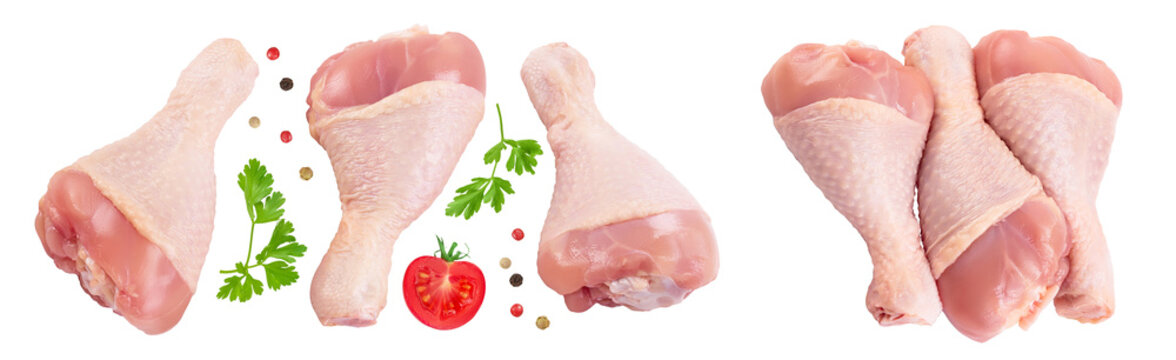 Raw chicken leg or drumstick isolated on white background with full depth of field. Top view. Flat lay