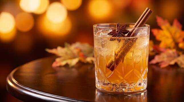 seasonal beverage trends, a sparkling bourbon cider cocktail garnished with star anise and cinnamon