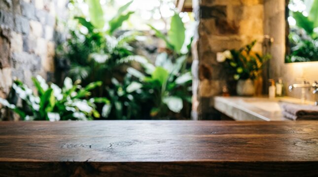 Rustic Wooden Table With Blurred Tropical Plants And Stone Wall Background For Spa Design