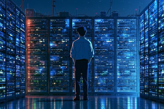 IT engineer standing in front of large server racks in data center.