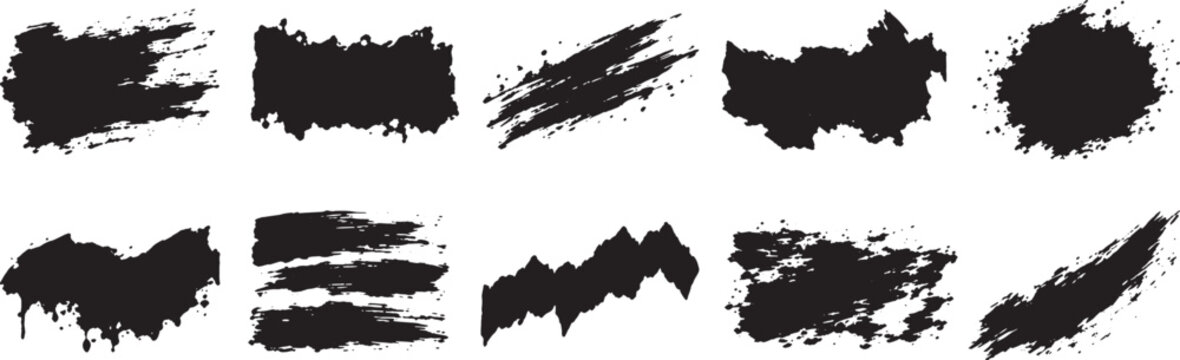 Black grunge brush stroke vector collection with rough paint smears, splashes, streaks and distressed textures, hand painted abstract elements for backgrounds and creative design